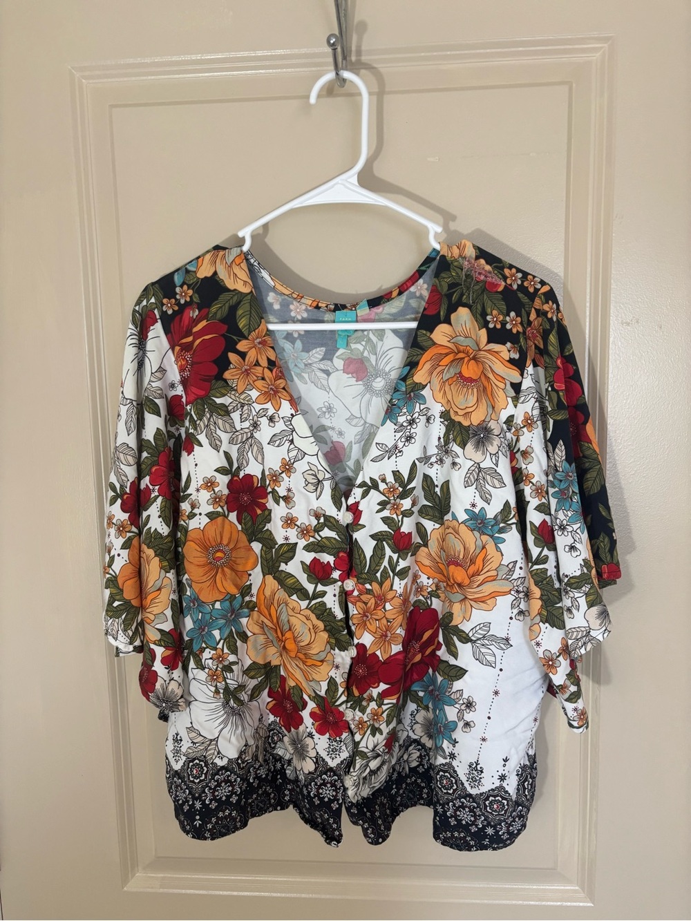 FARM Rio White V-Neck Tunic with Orange, Red & Teal Floral Print